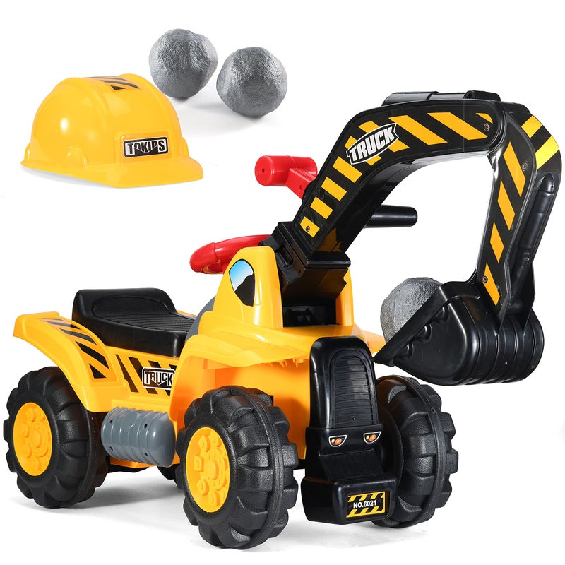 Play22 Toy Tractors for Kids Ride On Excavator Music Sounds Digger Scooter Bulldozer Includes Helmet with Rocks Pretend Play Toddler Construction Truck