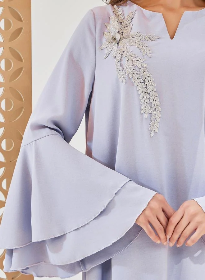 Styli Solid Layered Bell Sleeves Jalabiya with Applique
