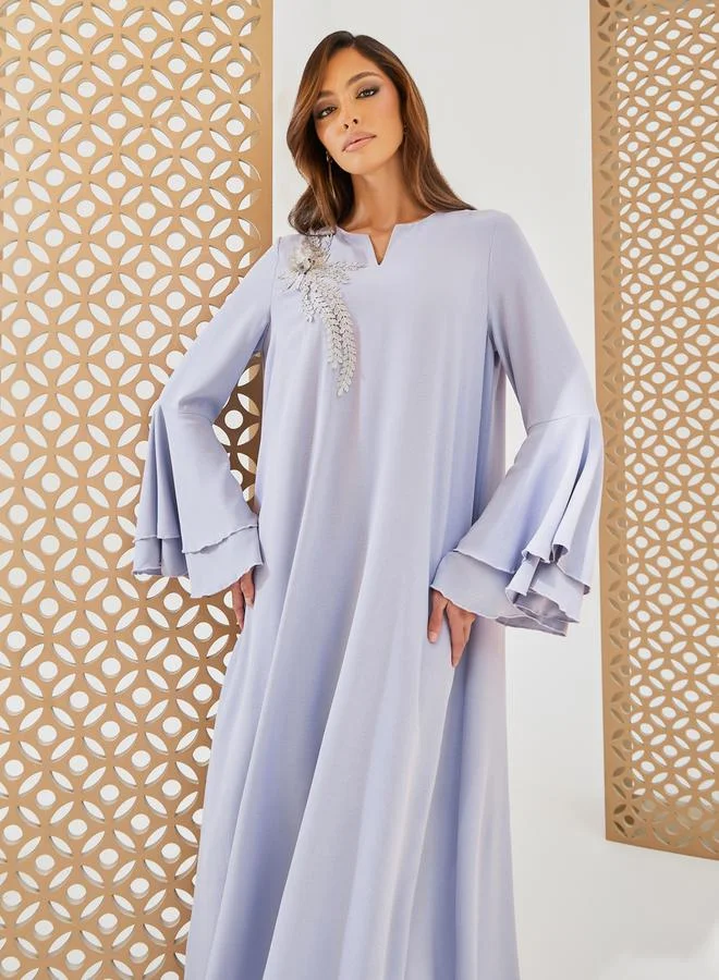 Styli Solid Layered Bell Sleeves Jalabiya with Applique
