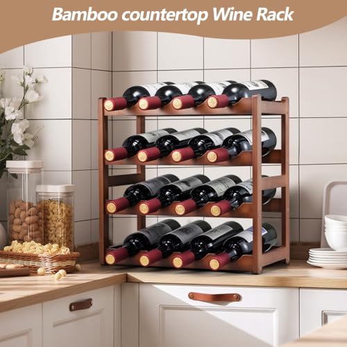 Homevany Bamboo Wine Rack,4 Tier, Wine Bottle Holder, Hold 16 Bottles for Home Kitchen, Dinging Room, Pantry, Cabinet, Bar - Image 4