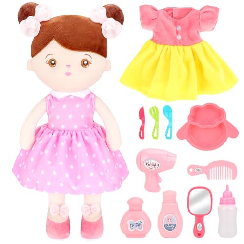 deAO Soft Baby Doll 17 Inch Baby Doll Set with 2 DressesMirror and Comb My First Baby Dolls Christmas Birthday Plush Toys Gift for Toddler Girls - Image 1