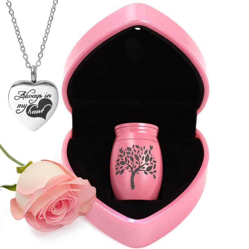 Small Urns for Human Ashes Keepsake 16 Pink Mini Cremation Urn with Necklace Heart Box Very Feminine Pretty Tiny Funeral Urn Little Miniature Urn Memorial Gift for Baby Mom Sister Women Female