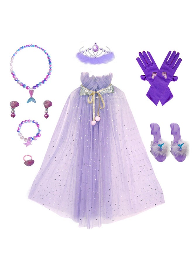 Children's Ice Princess Snow Cloak Accessories Suit Gradient Gauze Skirt Crown Magic Wand Girl Role Play Shawl-Color:Purple Shawl + Crown + Crystal Shoes + Mermaid Necklace + Gloves - Image 1