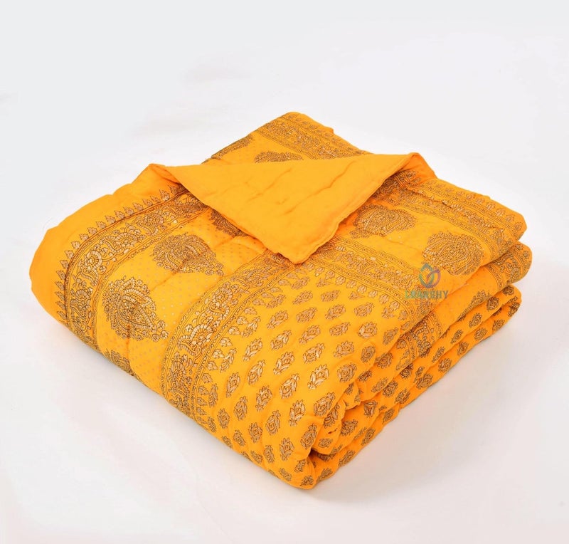 LOARSHY Pure Cotton Floral Printed Quilt Lightweight and Warm Jaipuri Rajasthani Single Bed Razai Soft BlanketRazai for Winters Yellow - Image 1