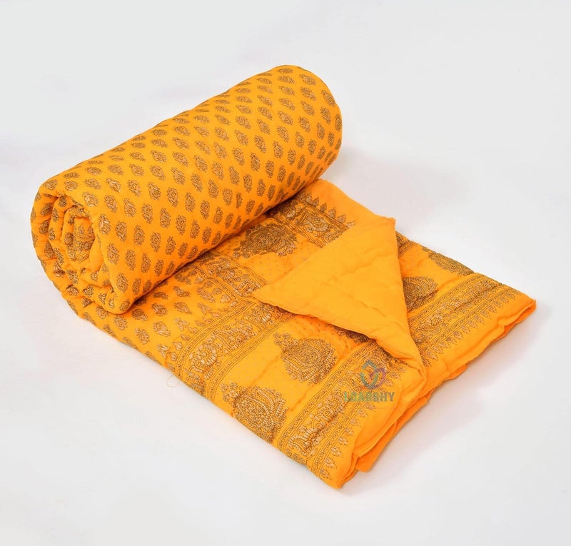 LOARSHY Pure Cotton Floral Printed Quilt Lightweight and Warm Jaipuri Rajasthani Single Bed Razai Soft BlanketRazai for Winters Yellow - Image 5
