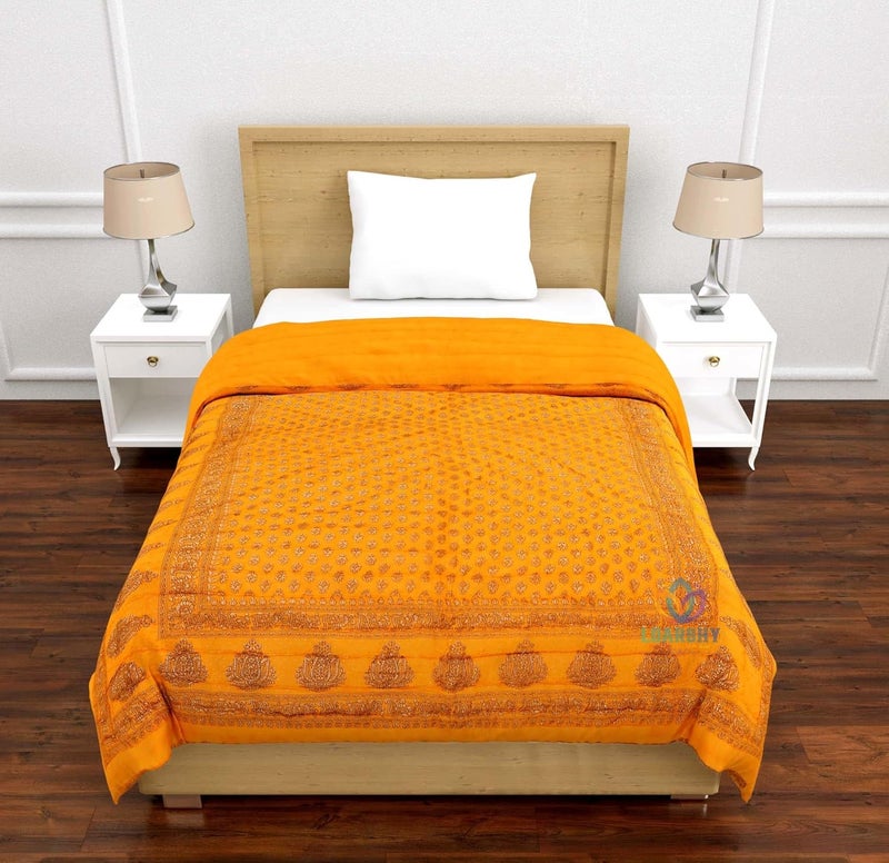 LOARSHY Pure Cotton Floral Printed Quilt Lightweight and Warm Jaipuri Rajasthani Single Bed Razai Soft BlanketRazai for Winters Yellow - Image 4