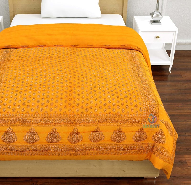 LOARSHY Pure Cotton Floral Printed Quilt Lightweight and Warm Jaipuri Rajasthani Single Bed Razai Soft BlanketRazai for Winters Yellow - Image 3