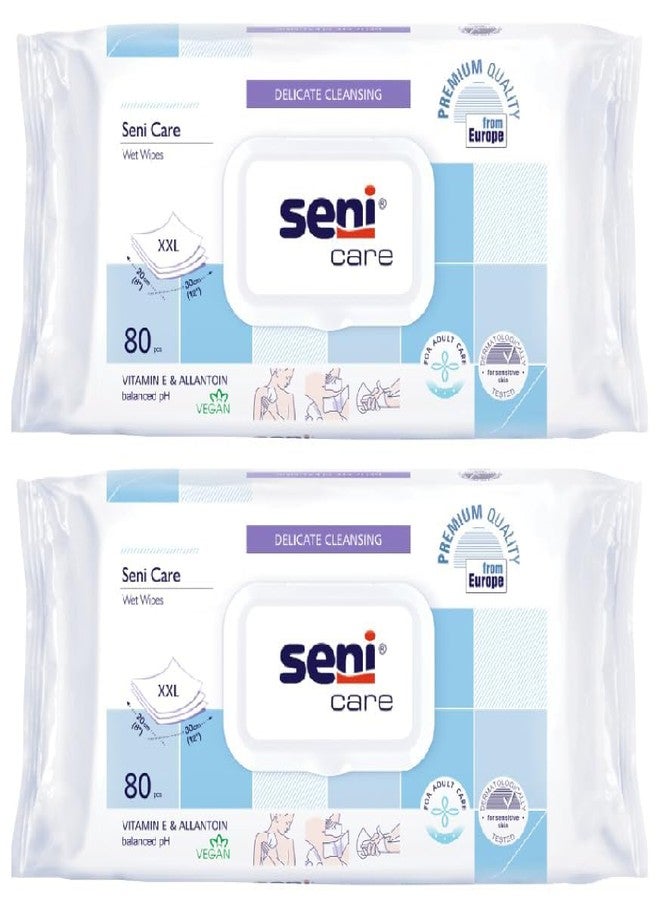Seni Care wet wipes for Adults | for sensitive skin |with vitamin E and allantoin| nourishes skin | vegan | balanced PH | delicate |dermatologically tested | ready to use bath wipes | white | Size XXL | Pack of 2 | Total 160 Pcs - Image 1