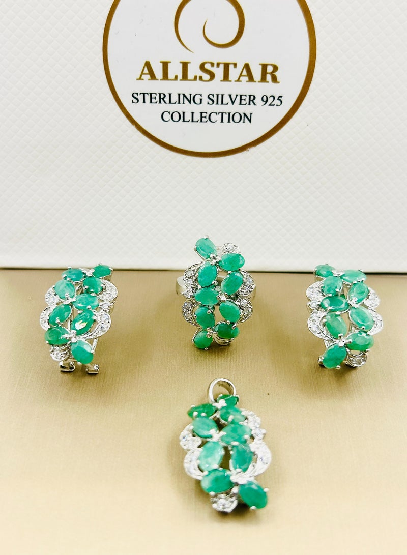 Exquisite Earrings, Locket, and Ring Set with Real Emerald and Zircon Stones | Luxurious Fine Jewelry Set for Women - Image 1