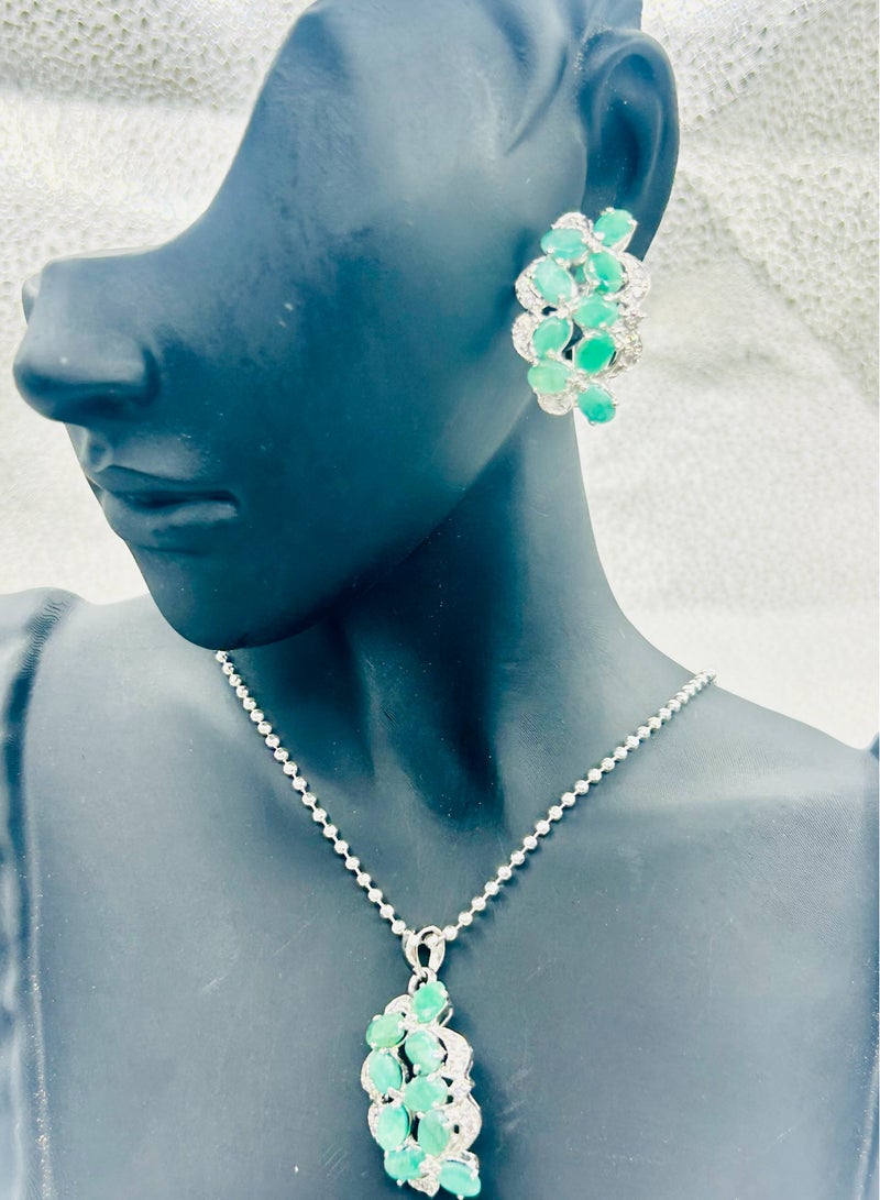 Exquisite Earrings, Locket, and Ring Set with Real Emerald and Zircon Stones | Luxurious Fine Jewelry Set for Women - Image 2
