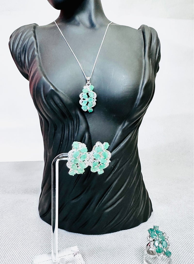 Exquisite Earrings, Locket, and Ring Set with Real Emerald and Zircon Stones | Luxurious Fine Jewelry Set for Women - Image 5