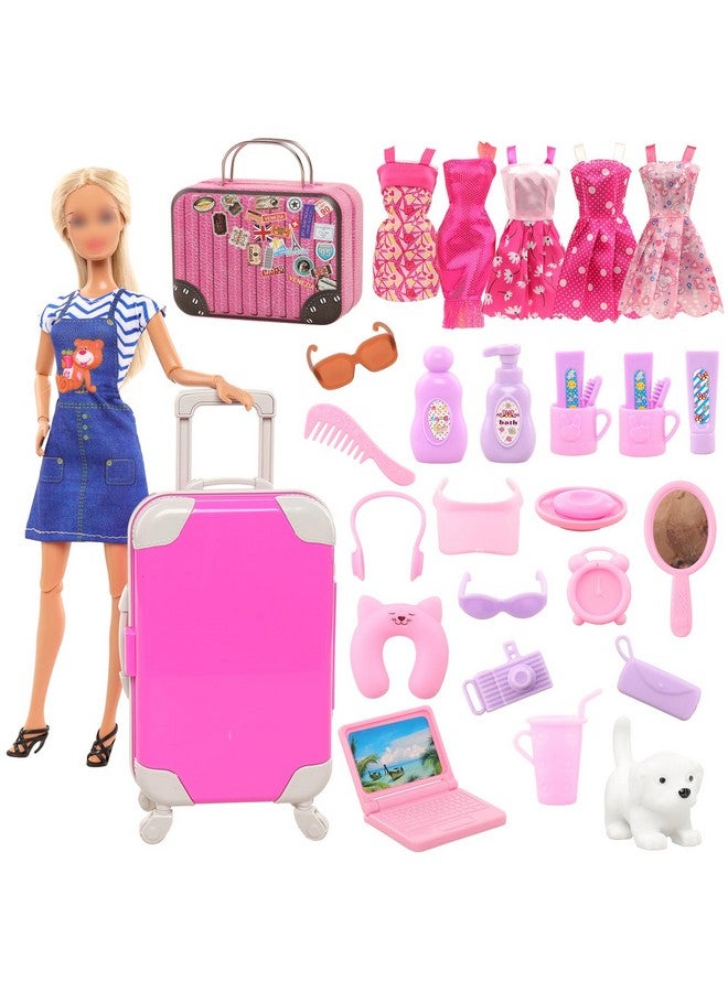 Barwa 32 Pcs Doll Suitcase Luggage Travel Clothes And Accessories For 11.5 Inch Girl Doll Travel Carrier Storage Including 1 Luggage 1 Suitcase 23 Travel Toiletries 5 Dresses 1 Puppy 1 Computer…  - Image 1