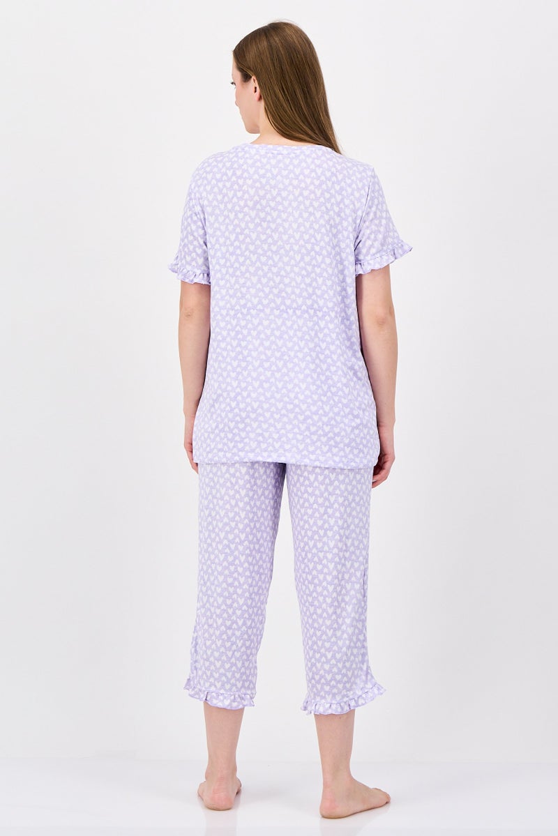 Rene Rofe Women 2 Pcs Heart Print T-Shirt And Pants Pyjama Set, Lavender - Image 4