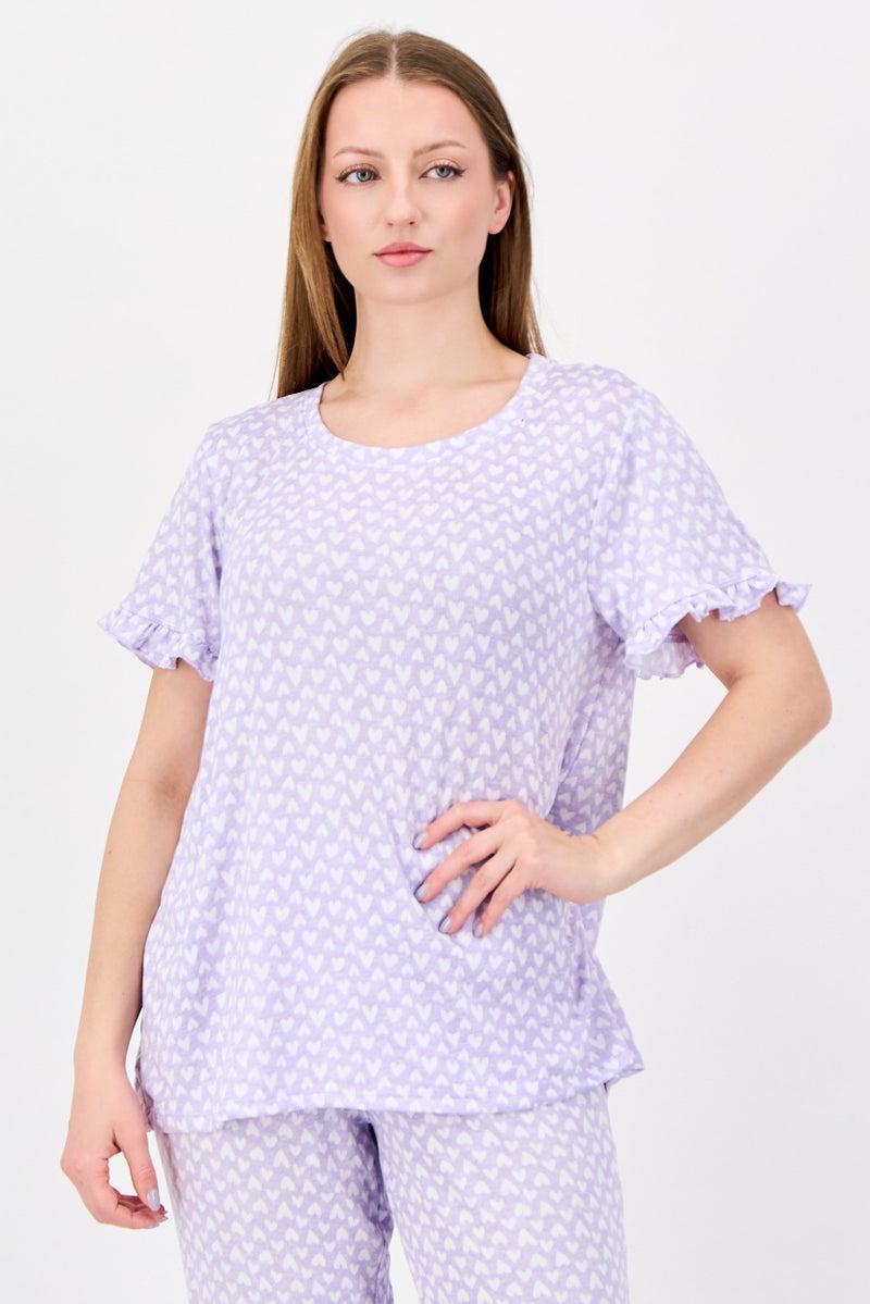 Rene Rofe Women 2 Pcs Heart Print T-Shirt And Pants Pyjama Set, Lavender - Image 2