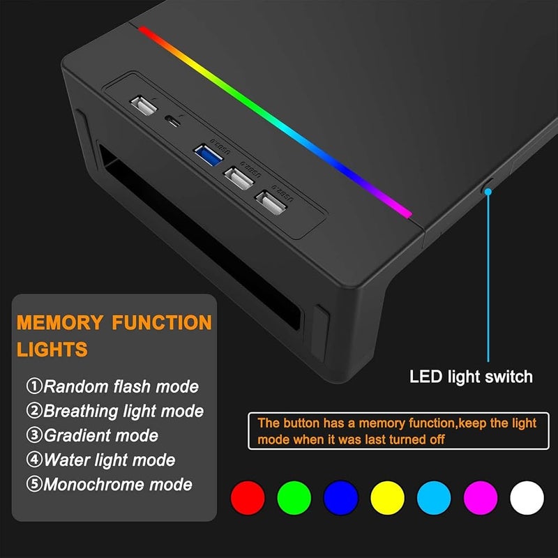 لاكيون دعامة رفع المراقب Lukione مع إضاءة RGB، دعامة مرنة لشاشة الكمبيوتر للمكتب مزودة بمنفذ USB 3.0 ووظيفة الشحن، دعامة للكمبيوتر المحمول والمراقب مع درج تخزين وحامل للهواتف الذكية والأجهزة اللوحية (أسود) - Image 4