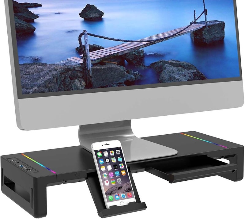 لاكيون دعامة رفع المراقب Lukione مع إضاءة RGB، دعامة مرنة لشاشة الكمبيوتر للمكتب مزودة بمنفذ USB 3.0 ووظيفة الشحن، دعامة للكمبيوتر المحمول والمراقب مع درج تخزين وحامل للهواتف الذكية والأجهزة اللوحية (أسود) - Image 1