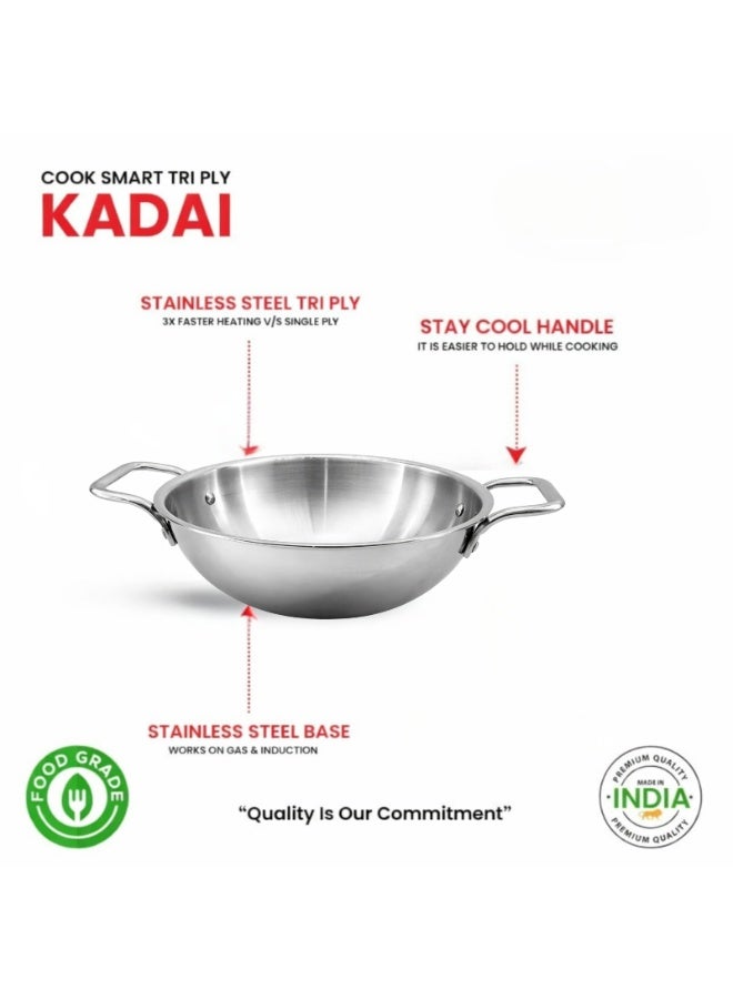 URTRUST UR SERVING PARTNER URTRUST Tri-Ply Stainless Steel Kadai Without Lid – Induction & Gas Compatible – Stay Cool Handles – Premium 18/10 Steel - Induction & Oven Safe - Naturally Non Stick - Dishwasher Safe (Capacity: 7.8 L / Diameter: 32 cm) - Image 3