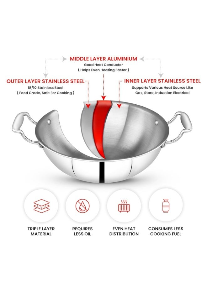 URTRUST UR SERVING PARTNER URTRUST Tri-Ply Stainless Steel Kadai Without Lid – Induction & Gas Compatible – Stay Cool Handles – Premium 18/10 Steel - Induction & Oven Safe - Naturally Non Stick - Dishwasher Safe (Capacity: 7.8 L / Diameter: 32 cm) - Image 4