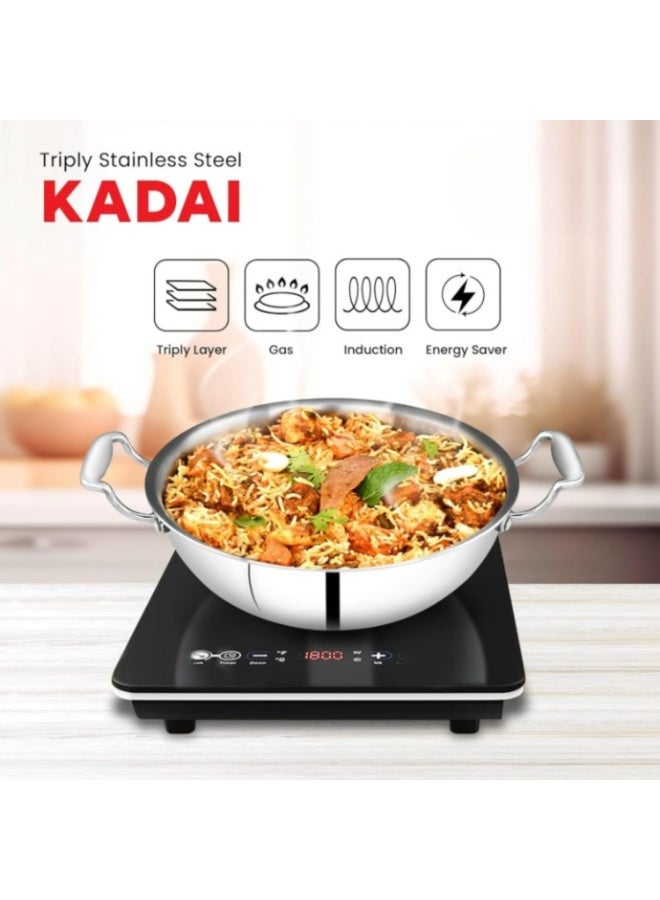 URTRUST UR SERVING PARTNER URTRUST Tri-Ply Stainless Steel Kadai Without Lid – Induction & Gas Compatible – Stay Cool Handles – Premium 18/10 Steel - Induction & Oven Safe - Naturally Non Stick - Dishwasher Safe (Capacity: 7.8 L / Diameter: 32 cm) - Image 5