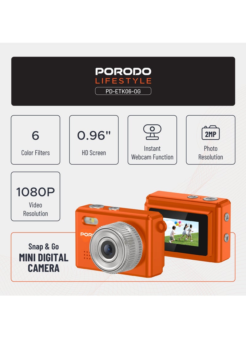 porodo Lifestyle Snap & Go Mini Digital Camera 2MP / Full HD Camera Video Resolution / Portable Camera with Lightweight / 6 Color Filters / Instant Webcam Function / AVI and JPG Format - Orange  - Image 2