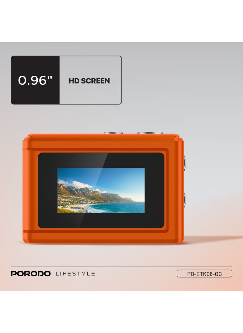 porodo Lifestyle Snap & Go Mini Digital Camera 2MP / Full HD Camera Video Resolution / Portable Camera with Lightweight / 6 Color Filters / Instant Webcam Function / AVI and JPG Format - Orange  - Image 4