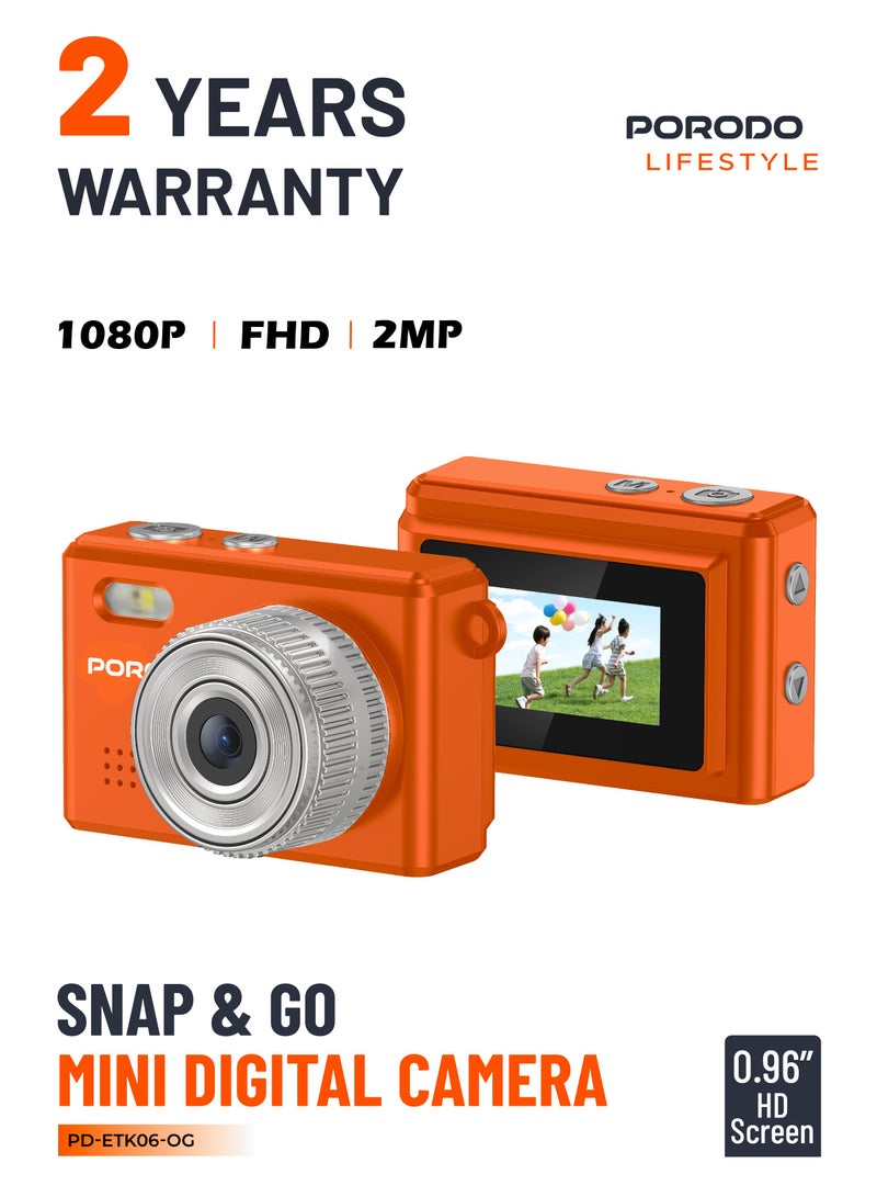 porodo Lifestyle Snap & Go Mini Digital Camera 2MP / Full HD Camera Video Resolution / Portable Camera with Lightweight / 6 Color Filters / Instant Webcam Function / AVI and JPG Format - Orange - Image 1