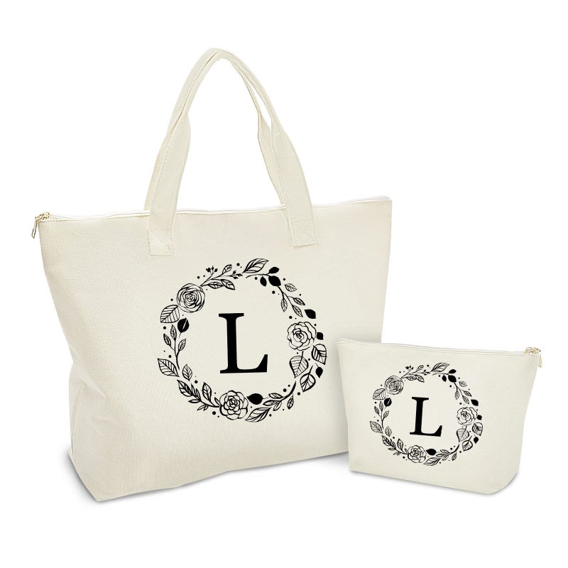 Binggemen Personalized Initial Canvas Tote Bag with Zipper Present Bag with Inner Pocket  Make Up Bag Great Gifts for Women Mom Teachers Friends Bridesmaids