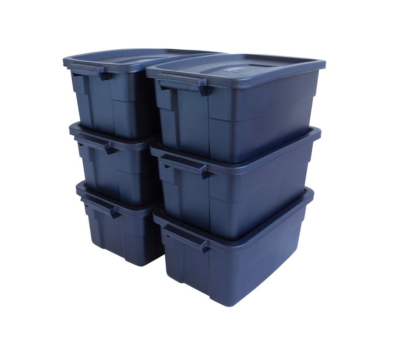 Rubbermaid حاوية روفنيك من ربرمايد سعة 3 جالون، 6 عبوات، مصنوعة في الولايات المتحدة، لون أزرق داكن معدني، صناديق تخزين بلاستيكية متينة قابلة للتكديس مع أغطية ومقابض - Image 1