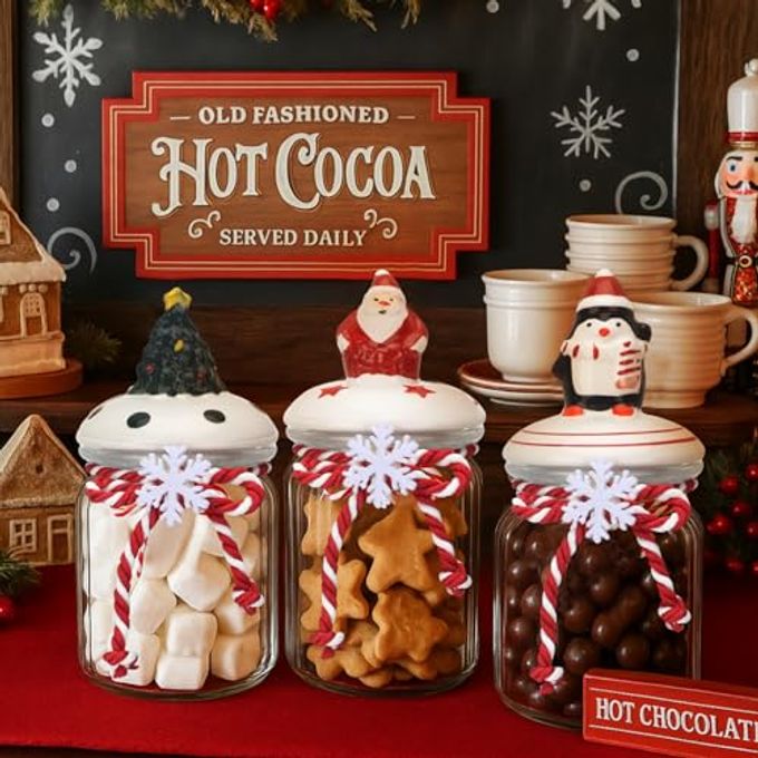 Vesici 3 Pcs Christmas Glass Jar Hot Cocoa Bar Supplies Hot Chocolate Bar Small 9.5 oz Clear Glass Christmas Jar with Santa Tree Penguin Lid Xmas Canister for Xmas Gift Winter Home Table Decor