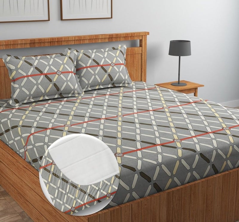 NEW LEAF Pure Cotton All Round Elastic Fitted Bedsheets for Double Bed with 2 King Size Pillow Covers 220 TC Supersoft |Wrinkel Free Bed Cover Size - 72x78+10 inches, Grey - Image 1
