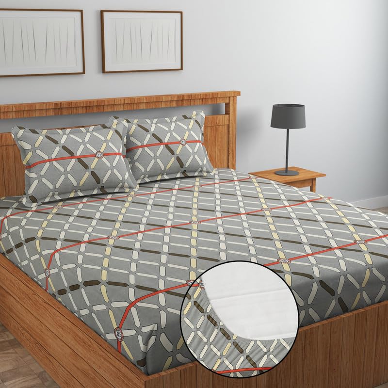 NEW LEAF Pure Cotton All Round Elastic Fitted Bedsheets for Double Bed with 2 King Size Pillow Covers 220 TC Supersoft |Wrinkel Free Bed Cover Size - 72x78+10 inches, Grey - Image 4