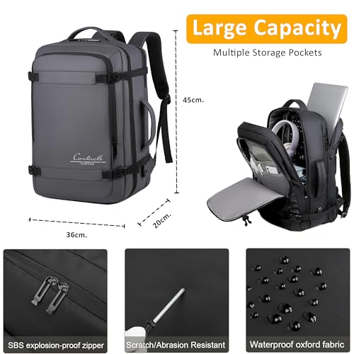 Contacts Expandable Travel Backpack 40L, Waterproof, USB Charging, Anti-Theft Pocket, 17" Laptop Compartment, TSA-Friendly 180Â° Opening for Business, Work, and Travel (Grey) - Image 3