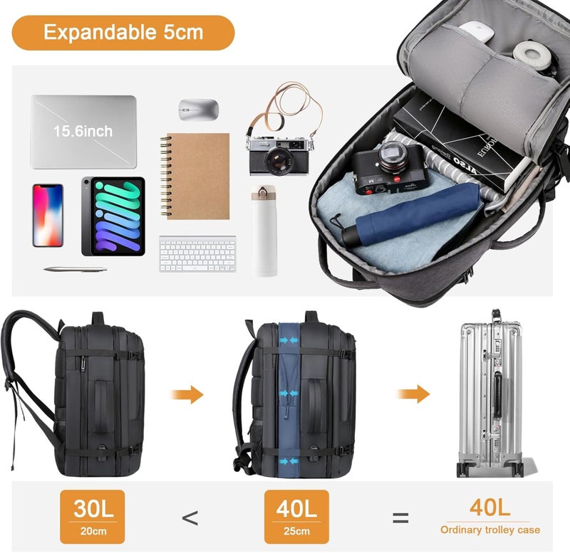 Contacts Expandable Travel Backpack 40L, Waterproof, USB Charging, Anti-Theft Pocket, 17" Laptop Compartment, TSA-Friendly 180Â° Opening for Business, Work, and Travel (Grey) - Image 4