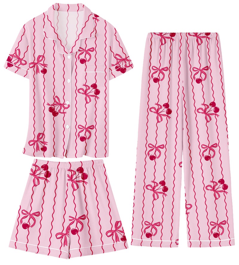 Umeyda Pajama Set for Girls Soft Short Sleeve Button Down Pj Sets 3 Piece Sleepwear Loungewear, A Pink Bow Cherry, 7-8 Years - Image 1