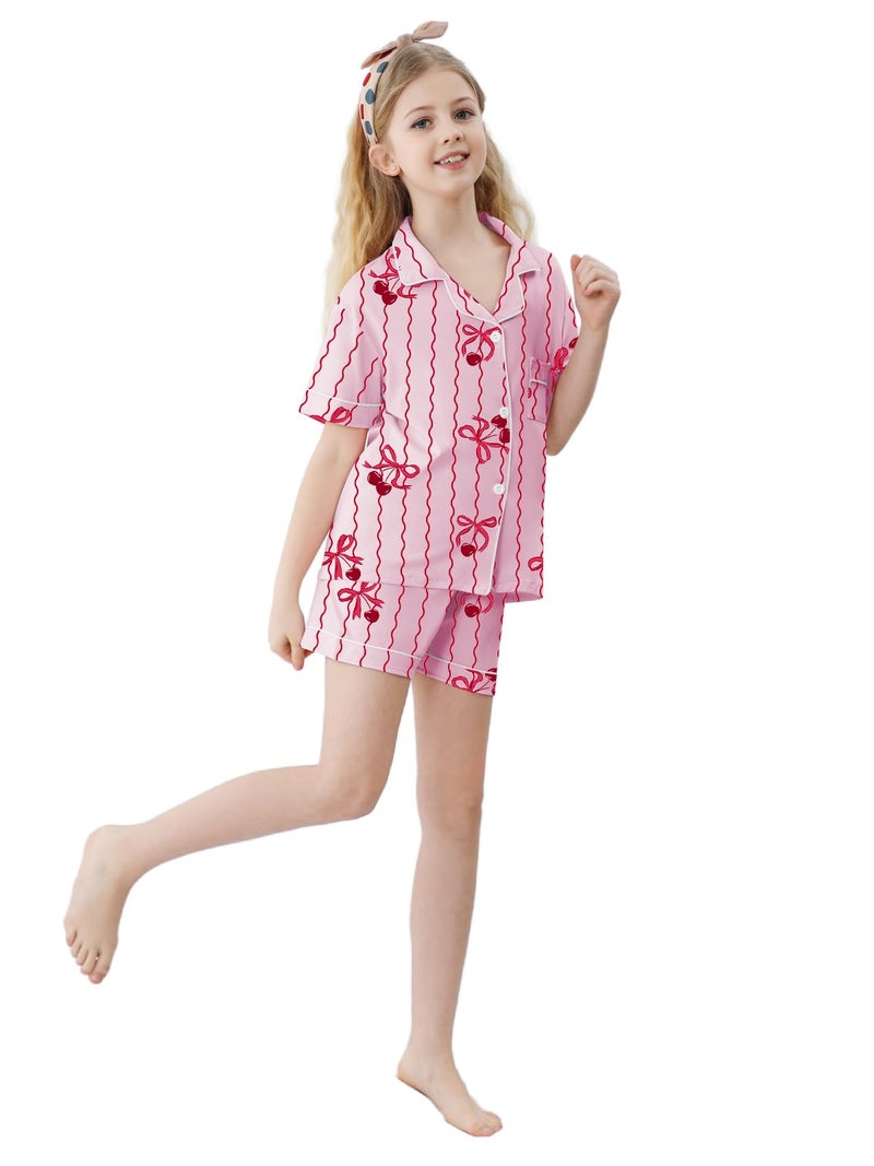 Umeyda Pajama Set for Girls Soft Short Sleeve Button Down Pj Sets 3 Piece Sleepwear Loungewear, A Pink Bow Cherry, 7-8 Years - Image 3