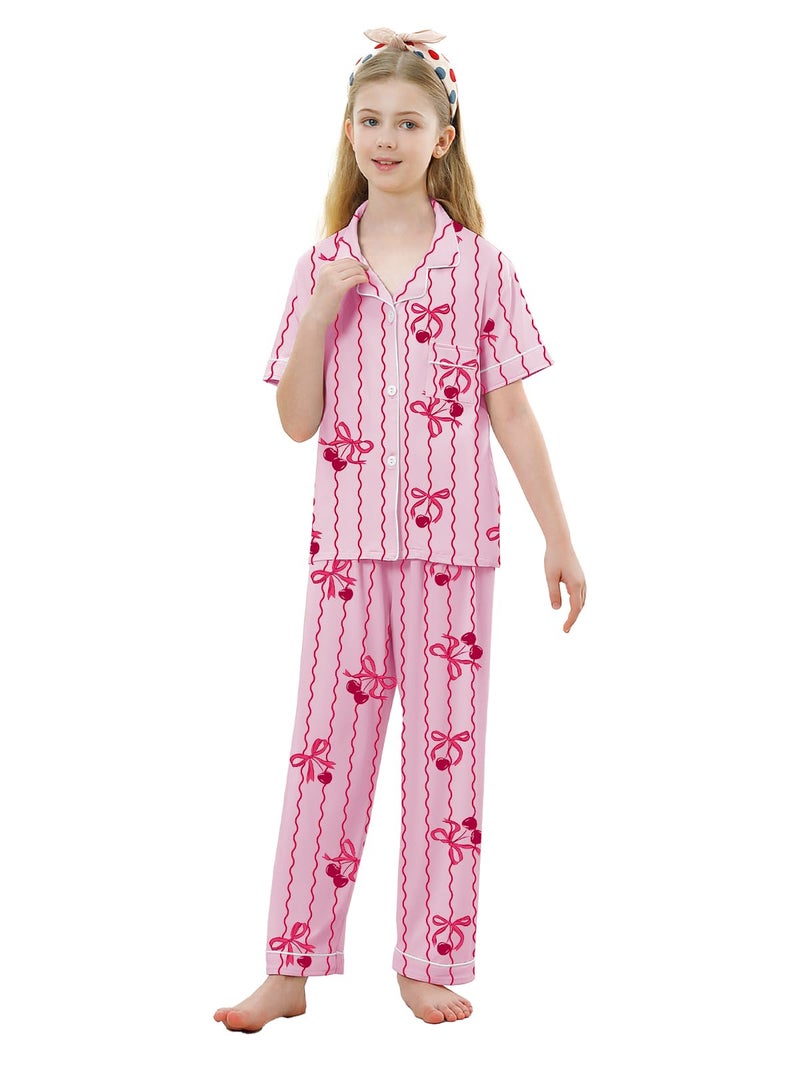 Umeyda Pajama Set for Girls Soft Short Sleeve Button Down Pj Sets 3 Piece Sleepwear Loungewear, A Pink Bow Cherry, 7-8 Years - Image 4