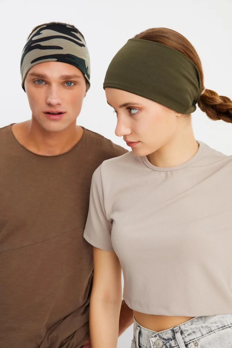 بوتيكجيز Khaki -Camouflage 2-Pack Double-Sided Use Alternative, Cotton Combed Cotton, Non-Slip, Lightweight, Sports Headband Bandana