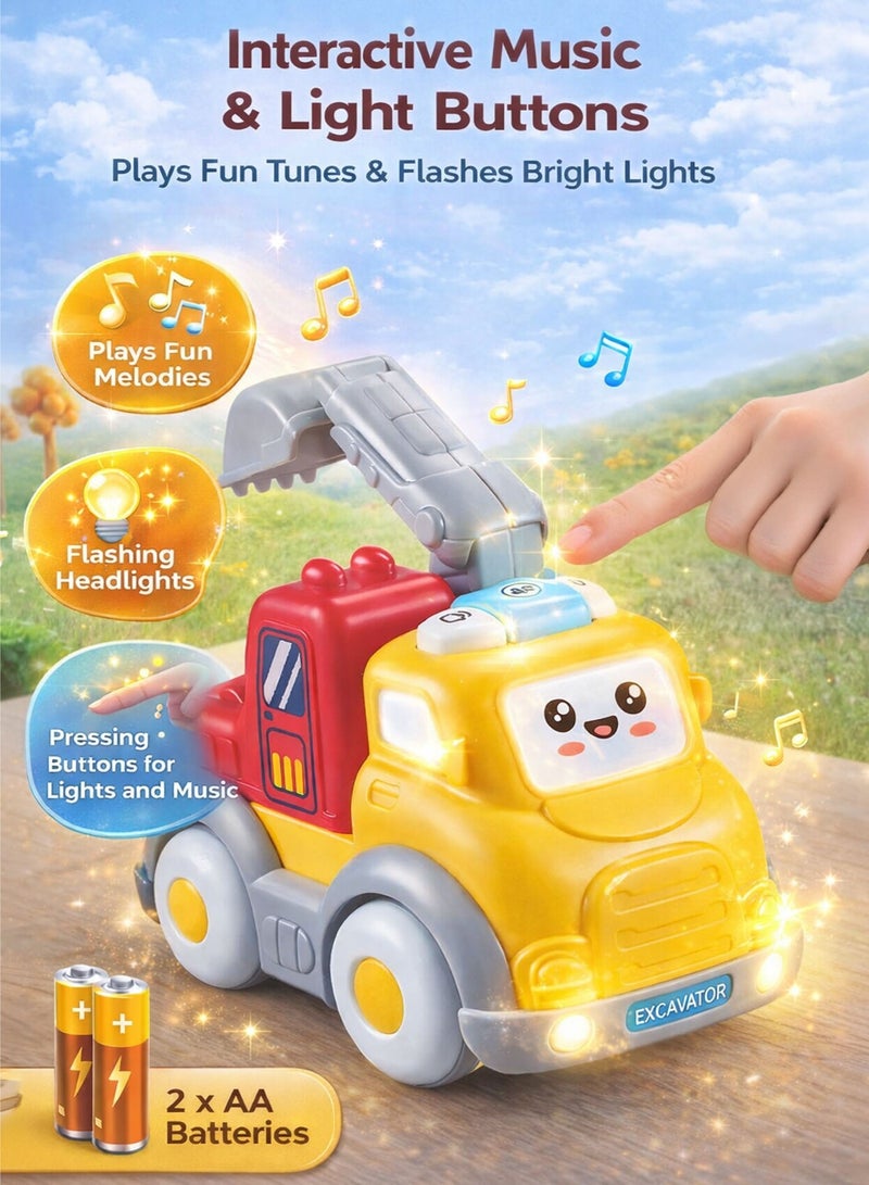 Oobidoo Friction Powered Excavator Toy Truck for Kids 18M+ 2-in-1 Detachable Construction Vehicle with Movable Arm Lift Lower Scoop Action Push & Go Inertial Car with Music Light Buttons Interactive Toddler Learning Toy Safe Plastic Educational Baby Toy Truck 13cm Oobidoo - Image 2