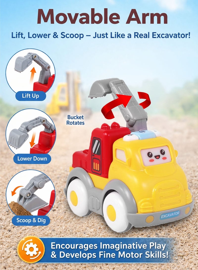 Oobidoo Friction Powered Excavator Toy Truck for Kids 18M+ 2-in-1 Detachable Construction Vehicle with Movable Arm Lift Lower Scoop Action Push & Go Inertial Car with Music Light Buttons Interactive Toddler Learning Toy Safe Plastic Educational Baby Toy Truck 13cm Oobidoo - Image 3