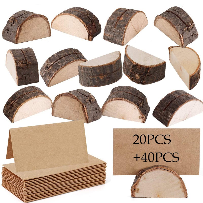 BieFuDan SemiCircular Wood Wedding Place Card Holders with 40 Pcs Kraft Name Cards for Table Setting Table Number Holders Sign Stand Name Card Picture Photo Holder for Wedding Birthday Party 