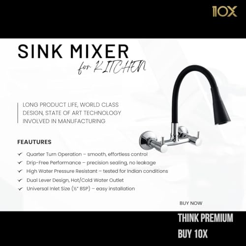10x Brass Sink Mixer Tap for Kitchen BTl-9876 Tap with Flexible Silicone Spout | Hot & Cold Water Control | Chrome Plated | Heavy Brass Cartridge | Dual Lever Design - Image 2