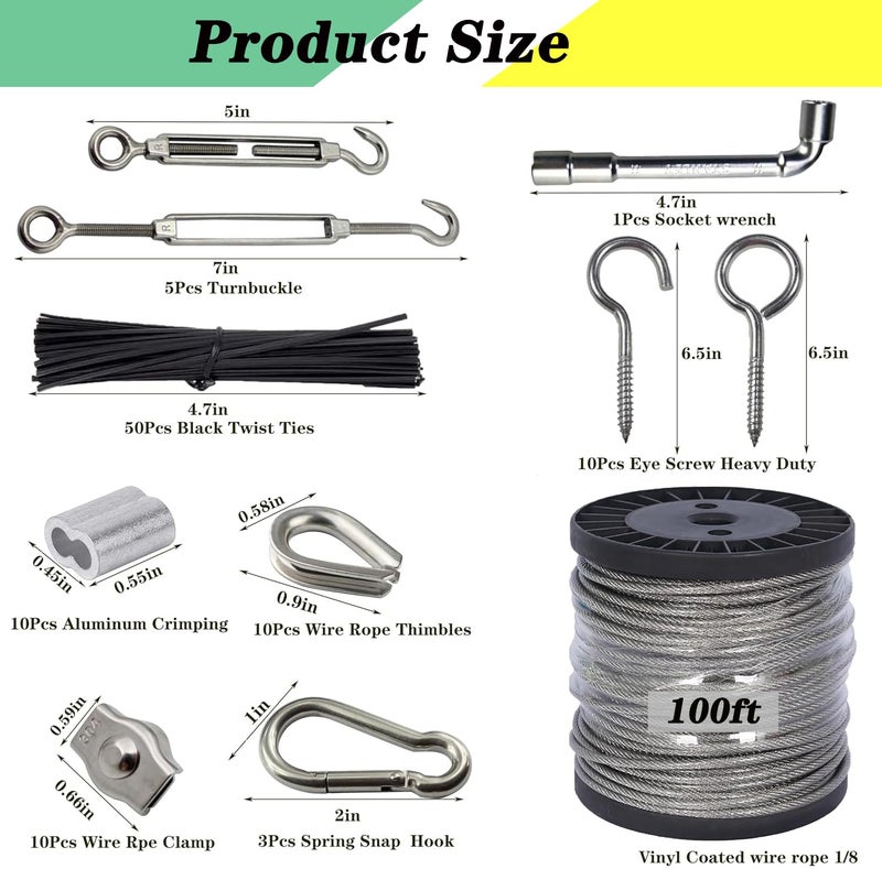 Roxanned 1/8" Wire Rope Kit 100FT | 7x7 Core Vinyl Coated Stainless Steel Cable with Turnbuckles | Heavy-Duty for String Light, Garden Fence, Plant Hanger & Outdoor Decor - Image 3