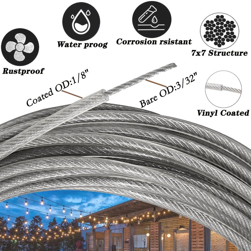 Roxanned 1/8" Wire Rope Kit 100FT | 7x7 Core Vinyl Coated Stainless Steel Cable with Turnbuckles | Heavy-Duty for String Light, Garden Fence, Plant Hanger & Outdoor Decor - Image 2