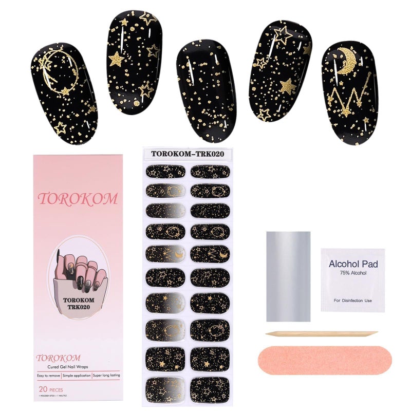 TOROKOM Semi Cured Gel Nail Strips Black Moon Gel Nail Strips Long Lasting Waterproof Real Nail Polish Strips Wraps Stickers With Cuticle Stick Nail File Nail Wipes  SealingUVLED Lamp Required