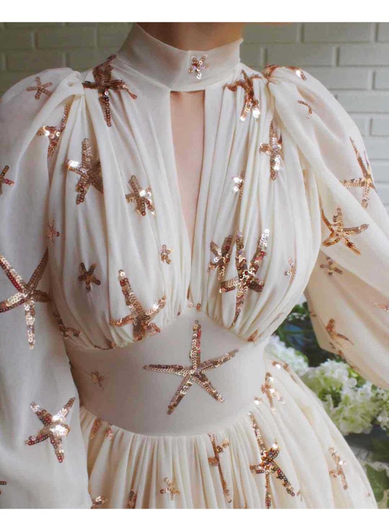 NIBEMINENT فستان سهرة شيفون بطبعة نجوم للنساء لخريف وشتاء بأكمام فانوس طويلة وياقة مرتفعة وخصر عالٍ مع شق - Image 3