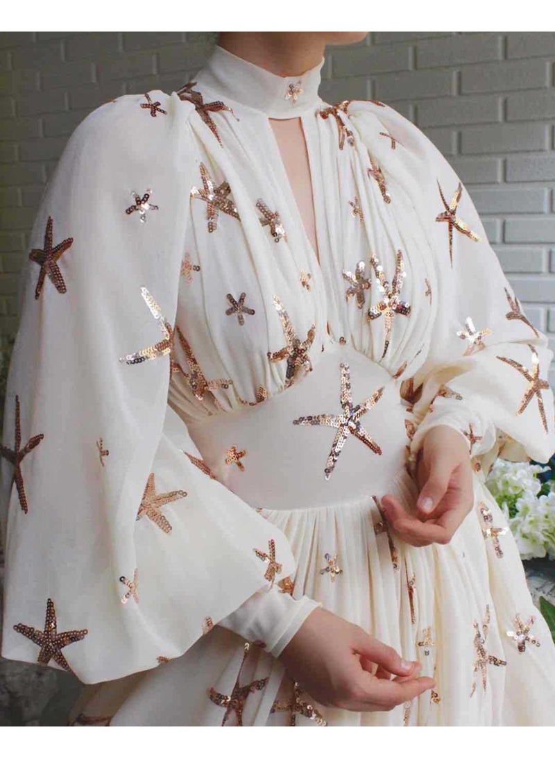 NIBEMINENT فستان سهرة شيفون بطبعة نجوم للنساء لخريف وشتاء بأكمام فانوس طويلة وياقة مرتفعة وخصر عالٍ مع شق - Image 4