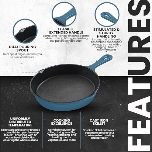 Utopia Kitchen Cast Iron Frying Pan 6.5 Inch, Cast Iron Chefs Pan, Pre Seasoned Skillet, Safe Grill Cookware for Indoor & Outdoor Use, Teal - Image 4