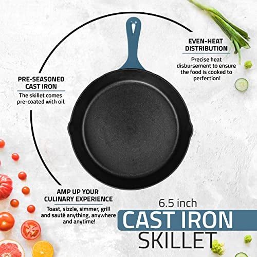 Utopia Kitchen Cast Iron Frying Pan 6.5 Inch, Cast Iron Chefs Pan, Pre Seasoned Skillet, Safe Grill Cookware for Indoor & Outdoor Use, Teal - Image 3