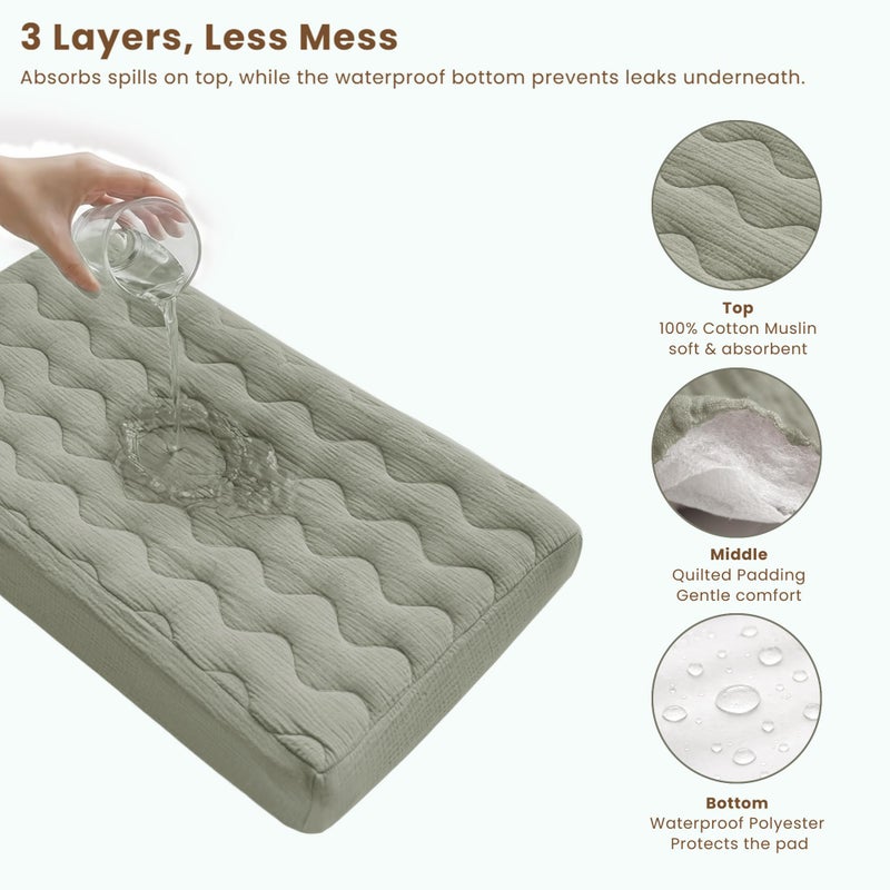 Konssy Waterproof Muslin Changing Pad Cover 2 Pack, 100% Cotton Quilted Diaper Changing Table Sheets, Soft Breathable Boho Nursery Bedding for Baby, Silent & Absorbent Standard Fit (Fog Green,Cream) - Image 3