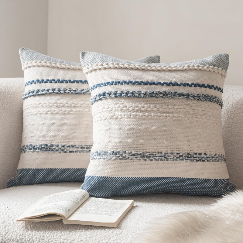 Cethom Boho Throw Pillow Covers 20x20 Inch Set of 2, Blue Textured Decorative Couch Pillow Cases for Farmhouse Home Decor, Accent Cushion Cover for Sofa, Bed, Living Room, Bedroom - Image 1